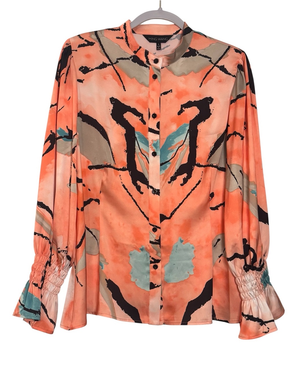 Ming Wang Coral and Teal Abstract-Print Button Blouse